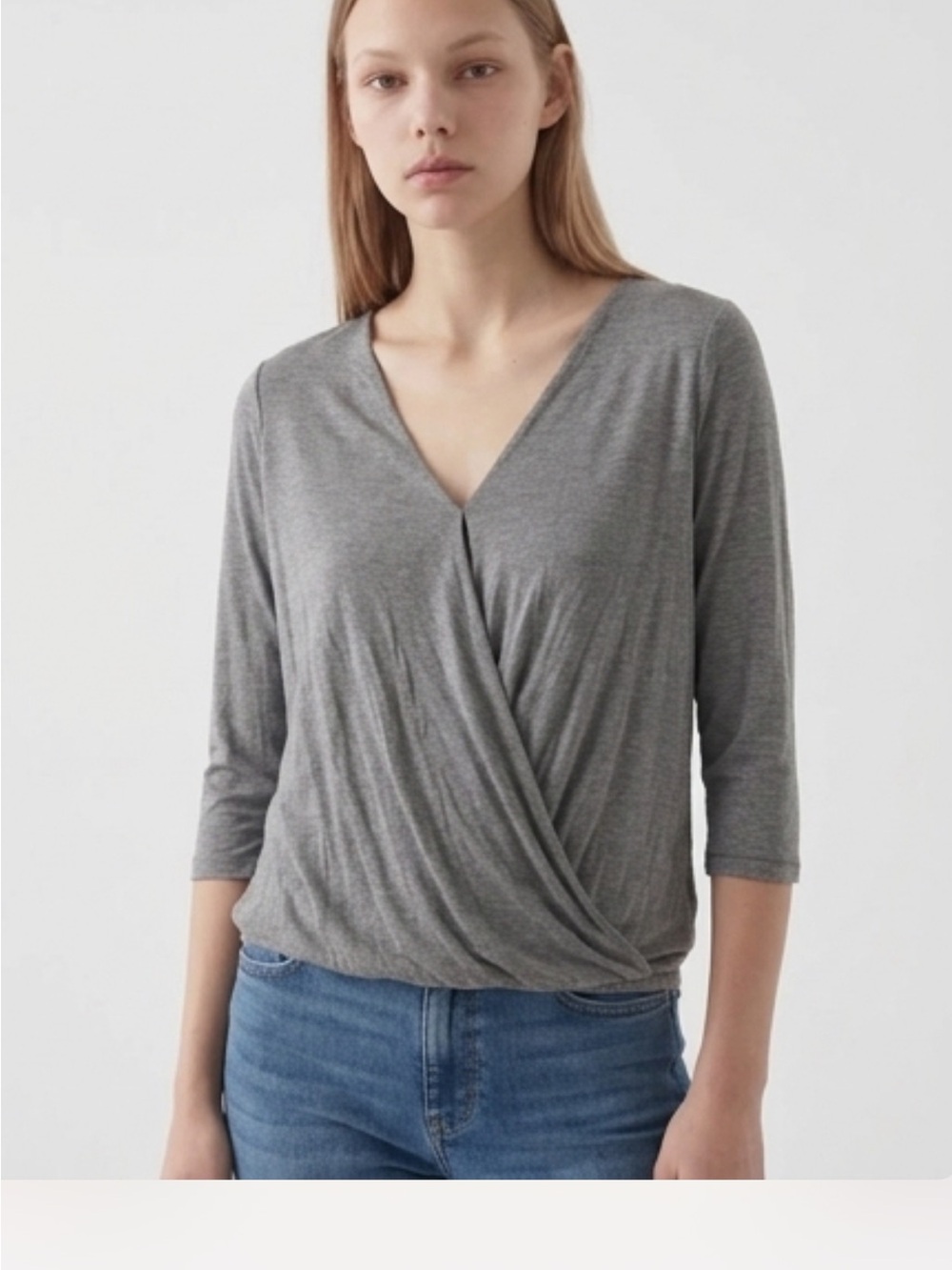 LOFT Gray Wrap Front V-Neck Long Sleeve Top